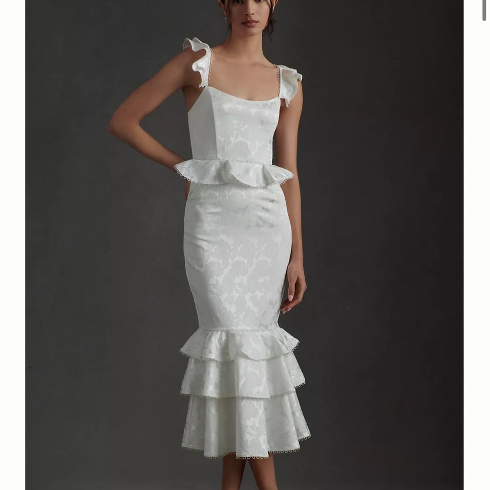 V. Chapman Violet Corset Ruffled Tiered Hem Midi Dress